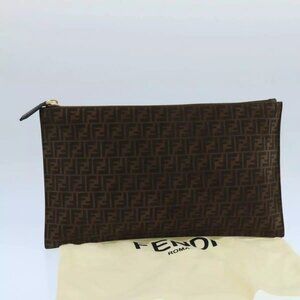 FENDI Zucchino Canvas Clutch Bag Brown Auth